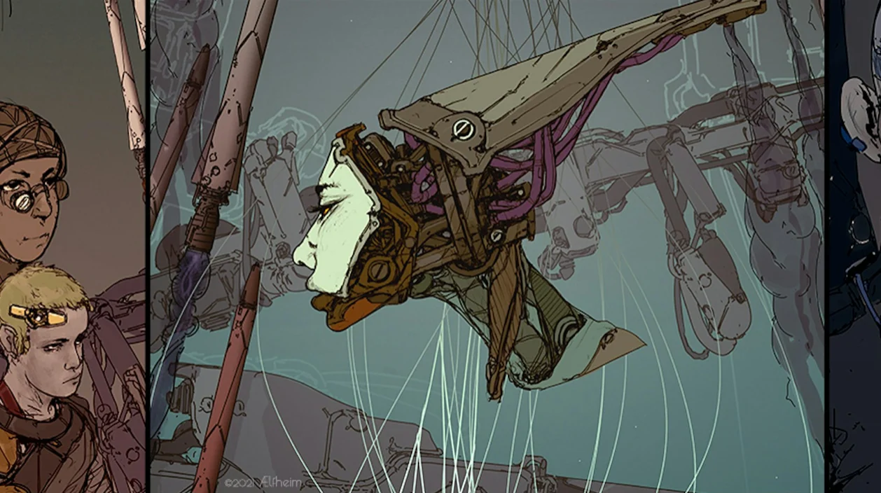A⁷ illustration of a masked figure among cables