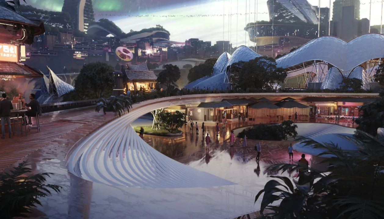 A city plaza on Aten7 at night